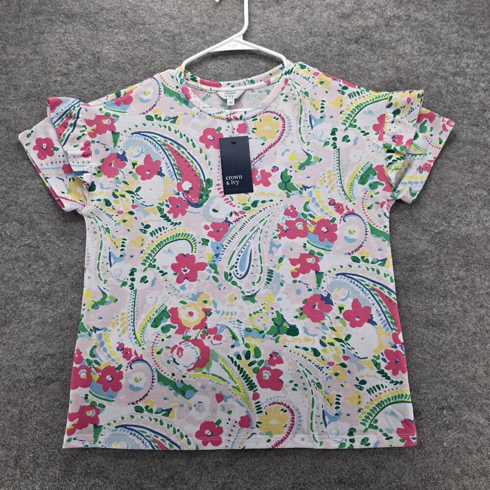 crown & ivy Shirt Womens Small Multicolor Paisley Floral Stretch CTP6045M